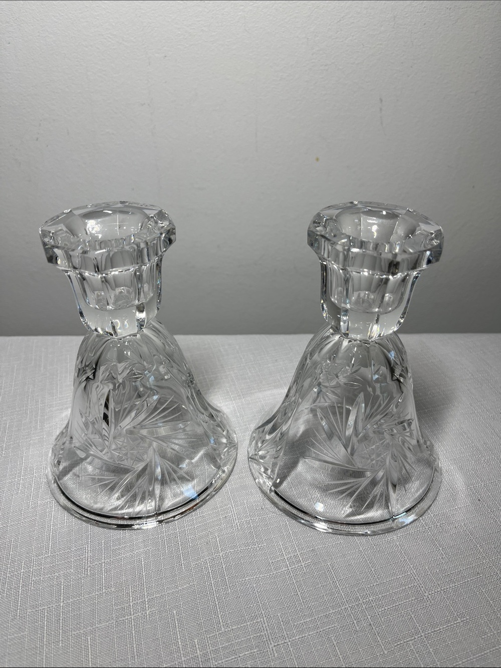 Vintage crystal candle holders pinwheel pattern bell-shaped candlestick holders